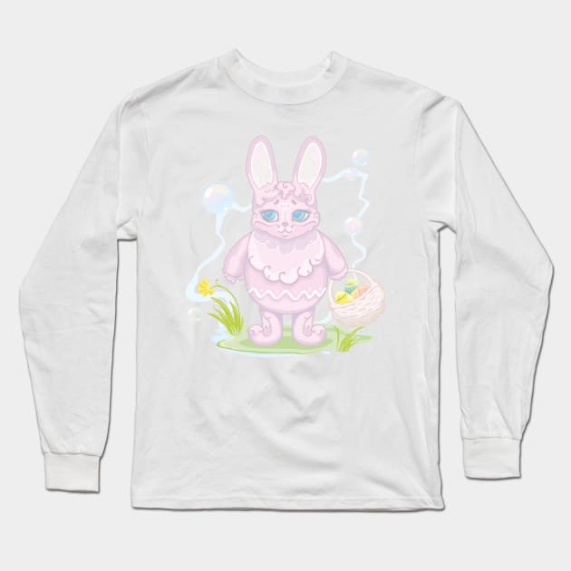 Easter pink bunny with a basket of eggs Long Sleeve T-Shirt by Santa Muertes